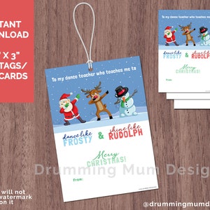 Étiquettes-cadeau de professeur de danse pour carte de Noël Danse comme une brillance givrée comme Rudolph IMPRIMABLE danseuse des Fêtes Dab renne Père Noël joyeux Noël