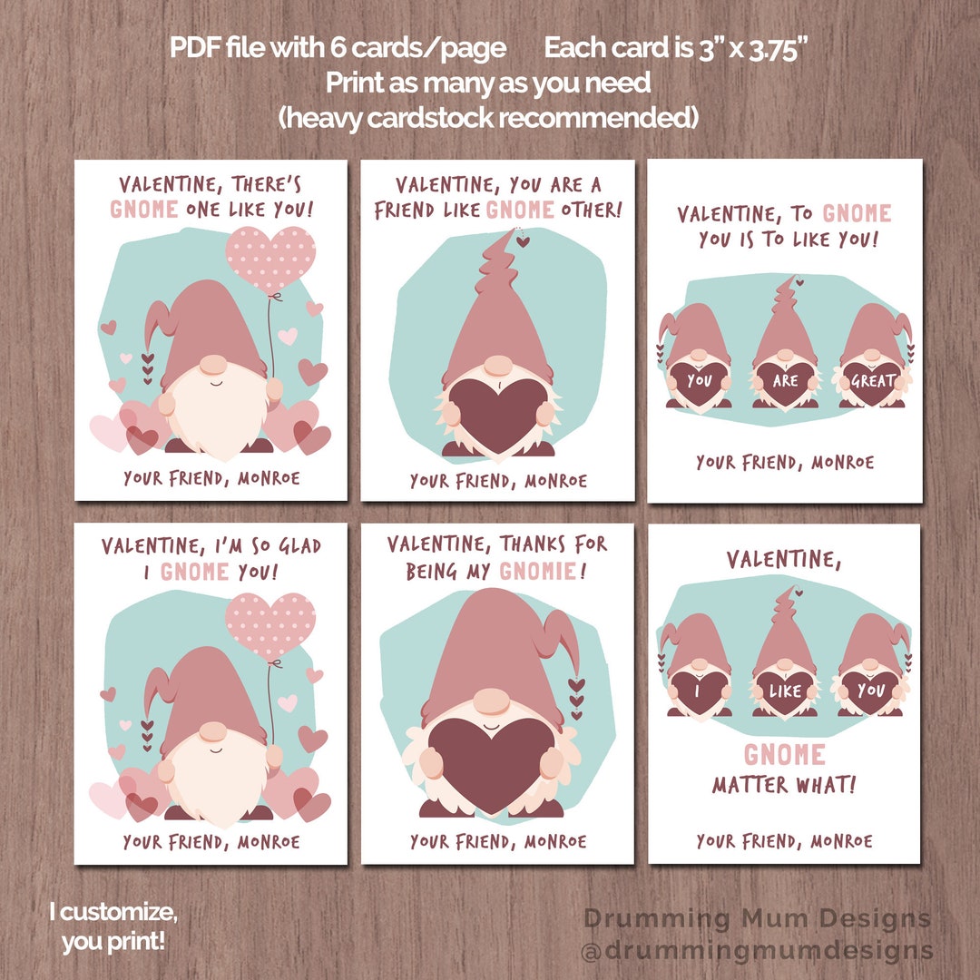 Gnome Valentines Day Cards Kid Printable Valentine Card School ...