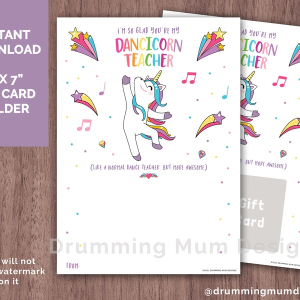 Dancicorn dansleraar bedankkaart cadeaukaarthouder (download digitaal bestand)