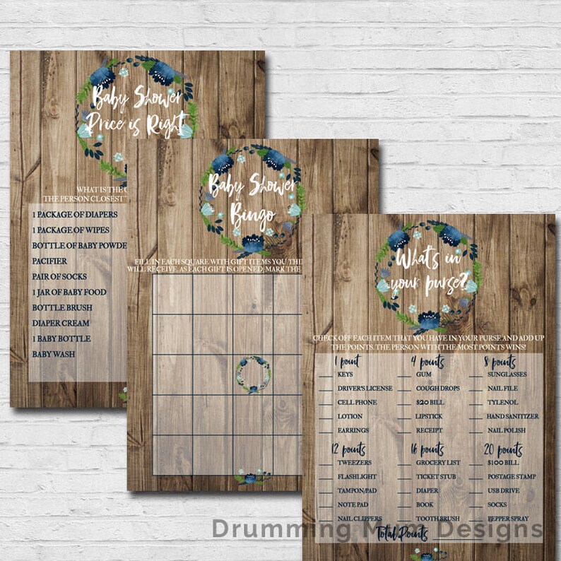 Rustic Wood Flowers Baby Shower Games Package Set Boy Baby Etsy
