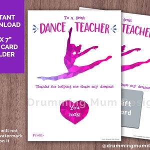 Dance Teacher Thank You Card PRINTABLE Gift Card Holder End of Season Chase my Dreams Teacher Appreciation Ballet Jazz Tap ballerina Hip Hop