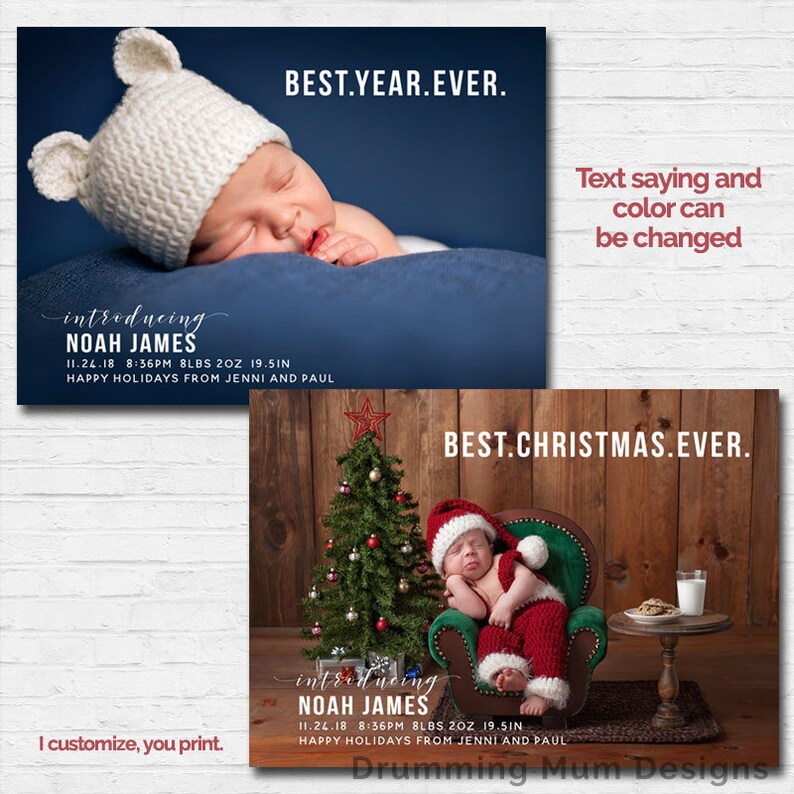 Birth Announcement Christmas card photo Modern Holiday Birth Etsy