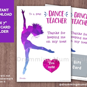 Carte de professeur de danse Porte-carte-cadeau IMPRIMABLE Merci Fin de saison Me garder sur mes gardes Appréciation du professeur Ballet Jazz Tap ballerine