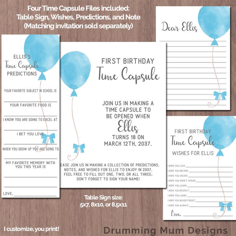 Time Capsule First Birthday Boy Blue Balloon 1st Printable - Etsy