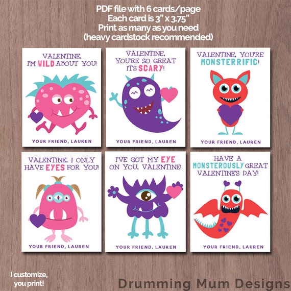 Cute Monster Valentines Day Cards Kid Valentine Card School | Etsy
