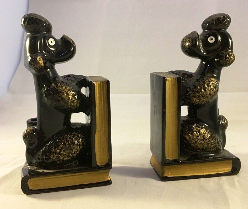 Mid Century Vintage Bookends Ceramic Poodle Dog Black and Gold With Pen