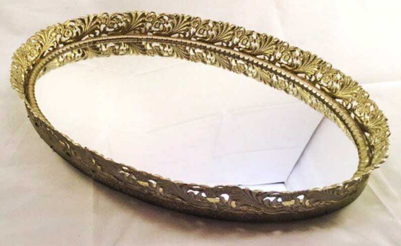 Vintage Gold Filigree And Mirror Tray With Felt Bottom Makeup Perfume Bar Serving