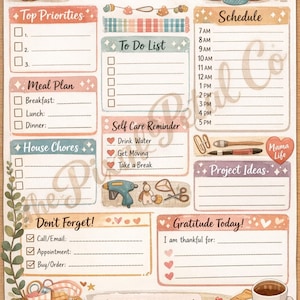 May include: A watercolour-style daily planner labelled "Busy Mom." It features sections for top priorities, to-do lists, meal plans, house chores, and a schedule. Includes a self-care reminder, project ideas, and a gratitude section. Decorative elements include coffee, plants, and craft supplies.