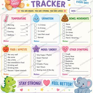 Könnte beinhalten: Ein farbenfroher täglicher Wellness-Tracker mit Abschnitten für Temperatur, Urinieren, Stuhlgang, Ernährung, Stimmung und andere Symptome. Enthält Illustrationen von einem Bären, einer Sonne und einem Dinosaurier. Der Text lautet "You Got This!"