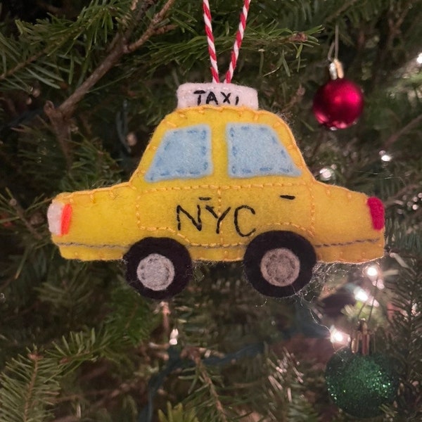 Filtjulprydnad med taximotiv från New York, handsydd souvenir från New York