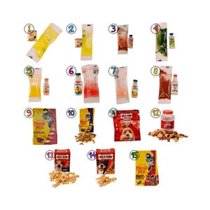 May include: A collection of fifteen miniature pet food items, including various colorful liquid pouches, small bottles, and branded bags of dry kibble and treats labeled Meow Mix and Milk-Bone, all arranged in a numbered grid from one to fifteen.