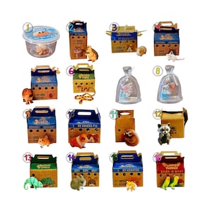 May include: A collection of sixteen miniature animal figurines, each paired with a corresponding cardboard carrying box or clear plastic container. The set includes various creatures like a hermit crab, squirrel, guinea pig, mouse, snake, and birds.