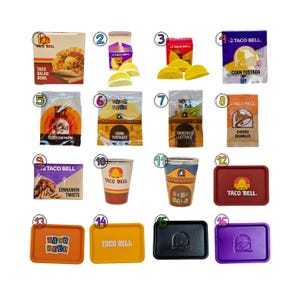 May include: A collection of sixteen miniature Taco Bell food items and accessories, including boxes, bags, cups, and trays, featuring the Taco Bell logo, text labels like Corn Tostada and Cinnamon Twists, and various food graphics.