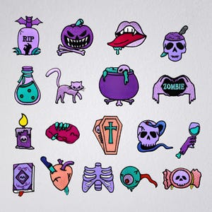 May include: A collection of colorful Halloween-themed patches. The patches include a tombstone, jack-o'-lantern, open mouth with a tongue, skull with a knife, potion bottle, cat, cauldron, zombie hands, candle, brain, coffin, skull with a snake, and more.