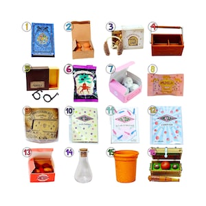 May include: A collection of sixteen miniature items including a blue book, a brown box with orange spheres, earmuffs, a wooden crate, a brown box with black glasses, a purple bag, a pink box with skulls, a pink sprinkles packet, and various kits.