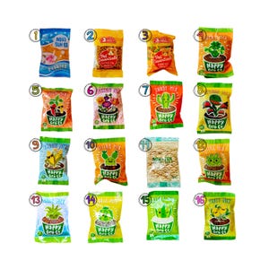 May include: Sixteen numbered small plastic pouches containing various pet supplies and plant-themed items. The collection includes bags labeled Aqua Sun Co, Pet Essentials, and Happy Gro Co, featuring colorful illustrations of cacti, succulents, and vegetables.