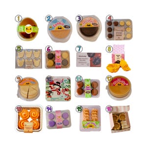 May include: A collection of sixteen miniature toy food items including cakes, cookies, cupcakes, and waffles, each labeled with numbers one through sixteen. The set features various plastic desserts in individual clear plastic packaging.