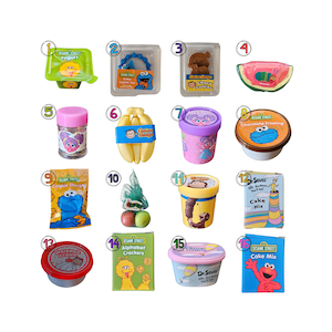 May include: A collection of sixteen miniature food and snack items featuring Sesame Street and Dr. Seuss branding. The set includes items like yogurt, cookies, bananas, frosting, cake mix, and crackers, each labeled with numbers one through sixteen.