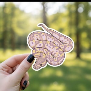 May include: A sticker featuring a detailed illustration of a ball python. The snake has a pattern of light purple and yellow spots on a light purple background. The sticker is held against a blurred green background.
