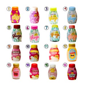May include: Sixteen small plastic squeeze bottles labeled Sunny Days Glaze, Chocolate Cream, Lemon Cream, Custard Cream, Sunny's Griddle, Raspberry Cream, Cannoli Filling, and Gummy Syrup, each topped with a colored cap and numbered one through sixteen.