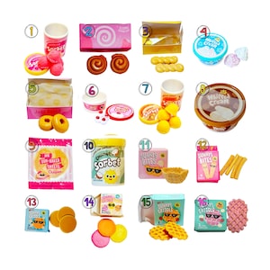 May include: A collection of sixteen miniature toy food sets featuring various desserts, including sorbet cups, whipped cream tubs, boxes of pastries, waffles, and crepes, each labeled with numbers one through sixteen on a plain white background.