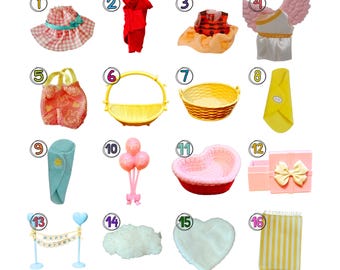 May include: A collection of sixteen miniature doll accessories including a pink gingham hat, red clothing, a yellow basket, a yellow swaddle, a blue swaddle with a star, pink balloons, a heart-shaped basket, a gift box, a birthday banner, and a rug.