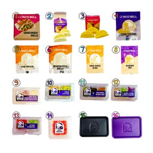 May include: A collection of sixteen miniature Taco Bell food items and containers, including boxes for Crunchwrap shells, packets for flour tortillas, Mexican pizza shells, three-cheese blend, seasoned rice, and various clear plastic ingredient trays.