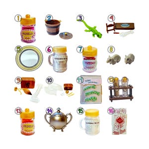 May include: A collection of sixteen miniature items including jars labeled Sprinkles Pink, Golden Sugar, Toppings Cherries, and Lusting Sugar, a wooden bucket, a green lizard, a small table, a silver plate, two mice, a chest, glass slippers, icing decorations, spice jars, a silver teapot, and a map.