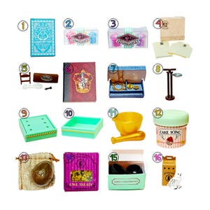 May include: A collection of sixteen miniature items including a blue book, Honeydukes candy boxes, a Hogwarts journal, a mortar and pestle, a cake icing container, a burlap sack with a brown egg, owl treats, mini cauldrons, and a white owl figure.