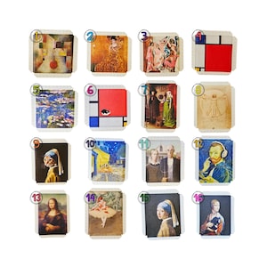 May include: A collection of sixteen square art prints featuring famous paintings and parodies, each labeled with a numbered circle from one to sixteen. The prints display various artistic styles, including abstract, impressionist, and portraiture.