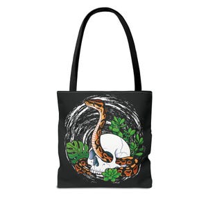 Borsa tote con teschio di pitone reale, borsa a tracolla in stile gotico, borsa per la spesa riutilizzabile con serpente e succulenta, borsa per libri in tela dark academia dal gusto dark.