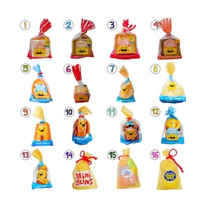 May include: A collection of sixteen individually packaged baked goods, each in a clear plastic bag with a colorful ribbon tie. The bags contain various treats, some with smiling sun graphics. Some bags have text that reads "Mini Buns" and "Served Seeds".