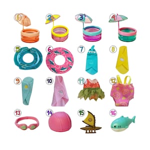 May include: A collection of miniature beach and pool accessories, including inflatable rings, towels, swimsuits, and a small sailboat. The items are in various colors, such as pink, blue, yellow, and green, and are designed for a doll or similar toy.