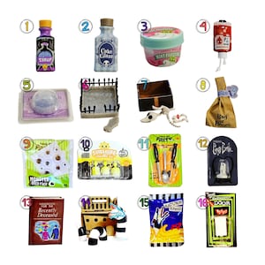 May include: A collection of sixteen miniature items including a syrup bottle, cake glaze, mint frosting, pomegranate sauce, a dome, a fence, a skeleton, a bag of bones, monster eyes, candles, cutlery, a figurine, a book, a worm, sand, and a door.