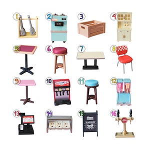May include: A collection of sixteen miniature dollhouse-scale restaurant accessories including a tong rack, soda fountain, wooden crate, hutch, tables, stools, a checkered chair, beverage dispensers, a cash register, display case, sign, and tap.