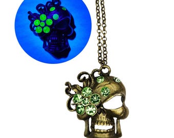 Green Uranium Glass on Bronze Skull Pendant, Glowing UV Punk Necklace, Oddity