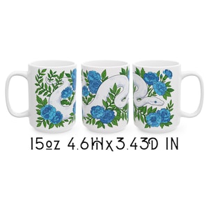 Blue Eyed Lucy Ball Python Coffee Mug, Blue Peony Cup, Full Wrap 15oz Snake Mug, Aesthetic Botanical Tea Cup, Reptile Lover Floral Gift