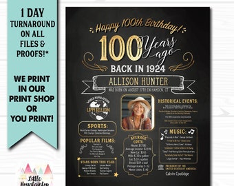 100th Birthday Poster. 100th Birthday Chalkboard. 100th Anniversary Poster. 100th Birthday Banner. 100th Birthday Gift. 1924