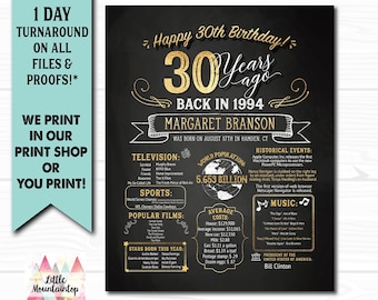 30th Birthday Poster. 30th Birthday Chalkboard. 30th Birthday Board. 30th Anniversary Poster. 30th Birthday Banner. 30th Birthday Gift. 1994