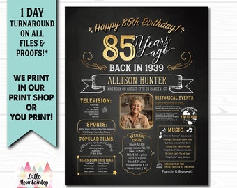 85th Birthday Poster. 85th Birthday Chalkboard. 85th Birthday Board. 85th Anniversary Poster. 85th Birthday Banner. 85th Birthday Gift. 1939