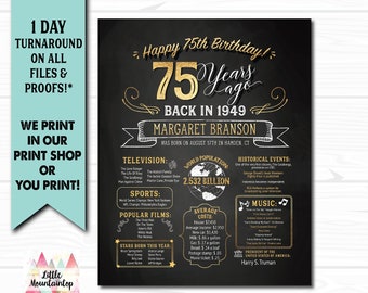 75th Birthday Poster. 75th Birthday Chalkboard. Back in 1949 Birthday. Digital OR Printed Poster. 75th Birthday Banner. 75th Birthday Gift