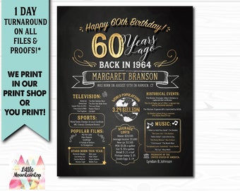 60th Birthday Poster - Back in 1964, 60th Birthday Chalkboard, 60th Birthday Banner, 60th Birthday Gift, 60th Birthday Sign. 1964 Birthday