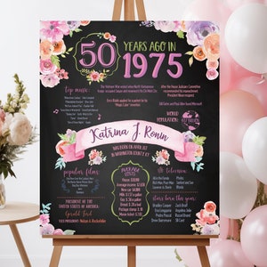 Póster del 50.° cumpleaños. Pizarra con motivos florales para el 50.° cumpleaños. Año 1975. Decoración para el 50.° cumpleaños. Regalo para el 50.° cumpleaños. Póster de cumpleaños de 1975
