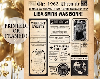 60th Birthday Poster, 60th Birthday Newspaper - Back in 1966, 60th Birthday Sign. Poster or Framed. 60th Birthday Gift. 1966