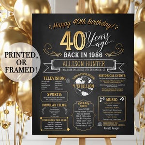 May include: A black chalkboard-style sign celebrating a 40th birthday, with gold lettering and accents. The sign includes details about the year 1986, such as popular movies, music, and historical events. The sign is displayed on a wooden easel, surrounded by gold balloons.