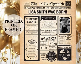 50th Birthday Poster, 50th Birthday Newspaper. Back in 1976, 50th Birthday Board. Poster or Framed. 50th Birthday Gift. 50th Birthday Sign