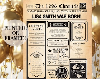 30th Birthday Poster, 30th Birthday Newspaper - Back in 1996, 30th Anniversary Poster. Poster or Framed. 30th Birthday Gift.