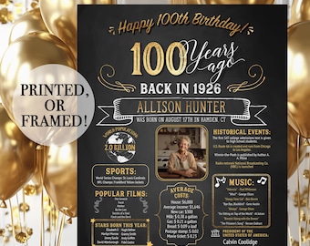 Póster de 100.º cumpleaños. Pizarra de 100.º cumpleaños. Póster de 100.º aniversario. Pancarta de 100.º cumpleaños. Regalo de 100.º cumpleaños. 1926