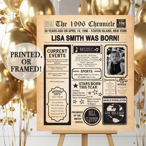 30th Birthday Poster, 30th Birthday Newspaper - Back in 1996, 30th Anniversary Poster. Poster or Framed. 30th Birthday Gift. image 1