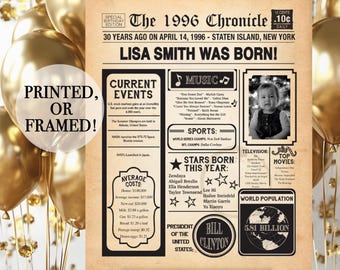 30th Birthday Poster, 30th Birthday Newspaper - Back in 1996, 30th Anniversary Poster. Poster or Framed. 30th Birthday Gift.